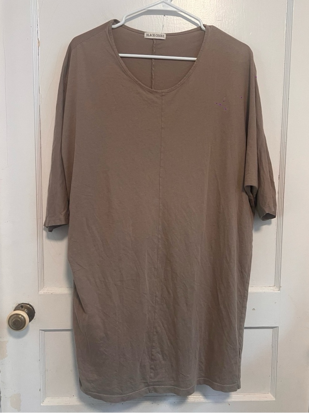 BLACK CRANE Taupe V-Neck
3/4 Sleeve Tunic Lagenlook
Made in USA Cocoon Dress M